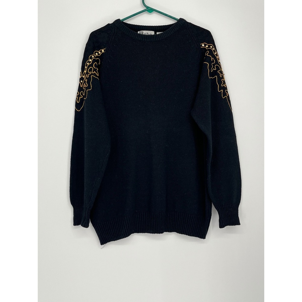 VTG Kobe Gold Sequin Lace Embroidered Sweater Womens L 40 Black 80's Retro Glam